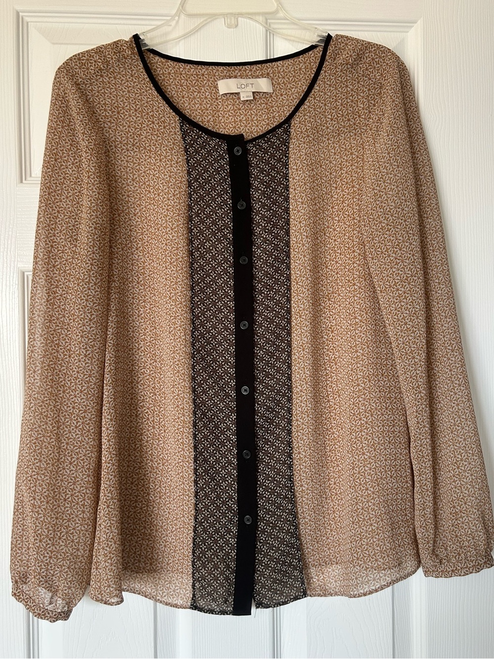 LOFT Beige and Black Printed Button-Front Blouse